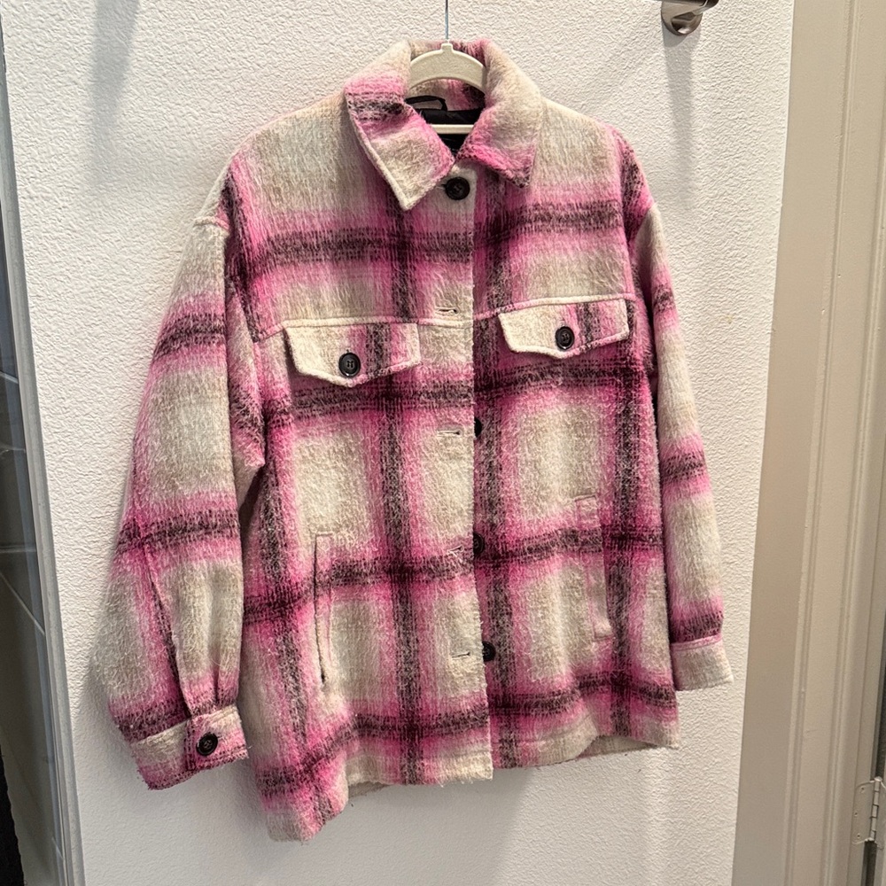 Zara Pink and Cream Plaid Teddy Jacket